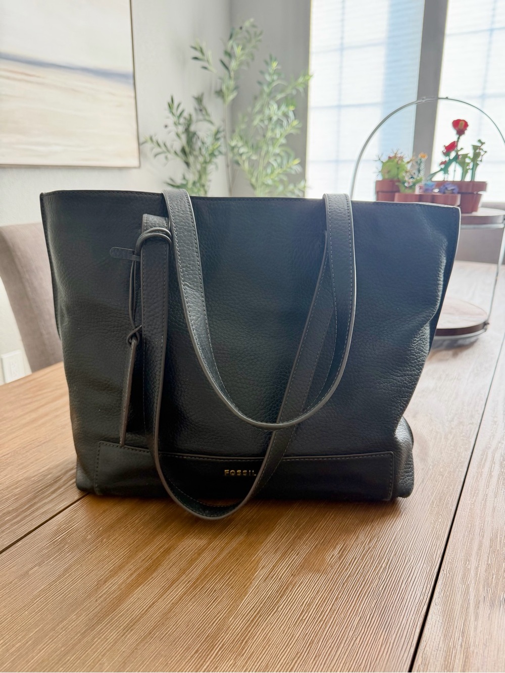 Fossil Black Leather Pebbled Tote with Dual Straps